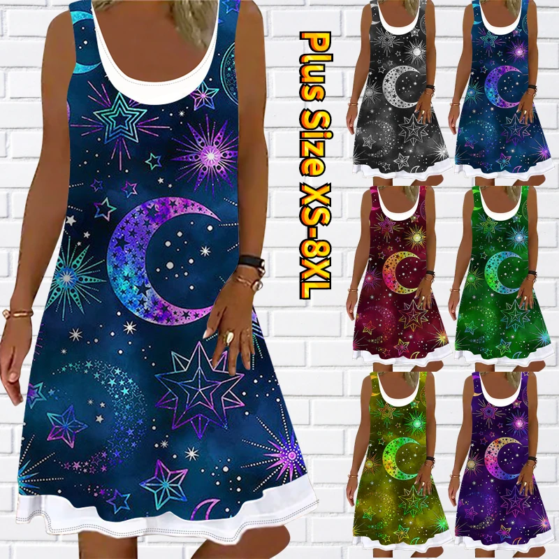

Женское свободное платье без рукавов, элегантный сарафан до колена с круглым вырезом и принтом Луны и звезд, лето 2022