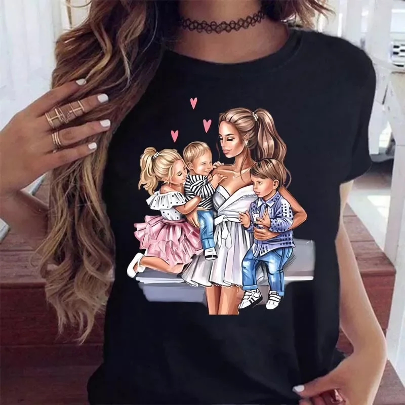 Women T Shirt Cartoon Mom Daughter Son Print Lady T-shirts Short Sleeve Tops Women's Kawaii Graphic Female Tshirt Clothe