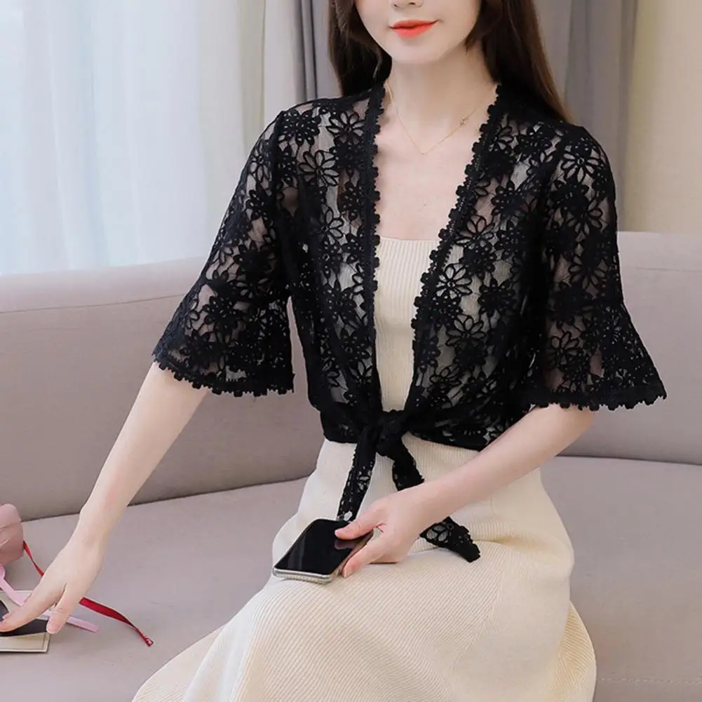 

Легкая рубашка, стильный кардиган с кружевной вышивкой, короткий рукав, воротник, шаль, однотонная женская рубашка, укороченная