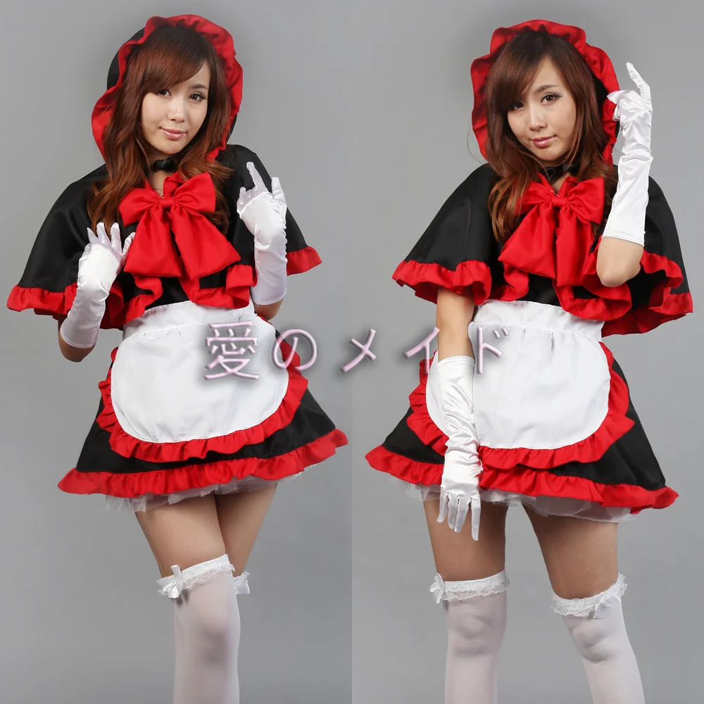 

Halloween Maid Costume Black And Red Hooded Cloak Witch Maid Christmas Women's Cosplay Costume