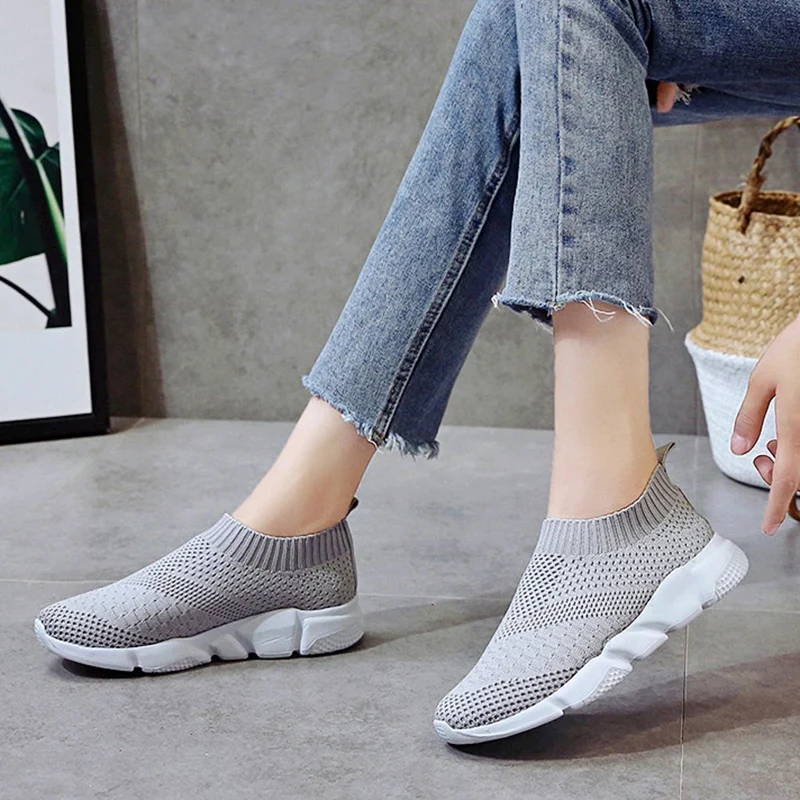 YeddaMavis White Summer Knitting Women Sneakers Women Light Breathable Mesh Flat Shoes Woman Non-slip Soft Bottom Casual Shoes