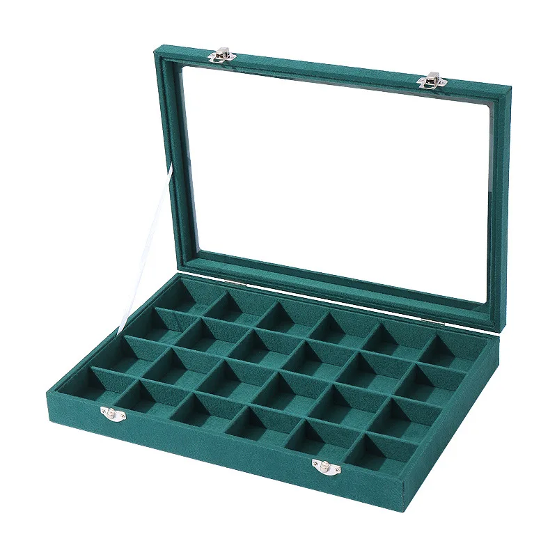 Large Capacity 24 grids Flannel Jewelry Organizer Box with Glass Cover Necklaces Earrings Rings Display Holder Case for Women