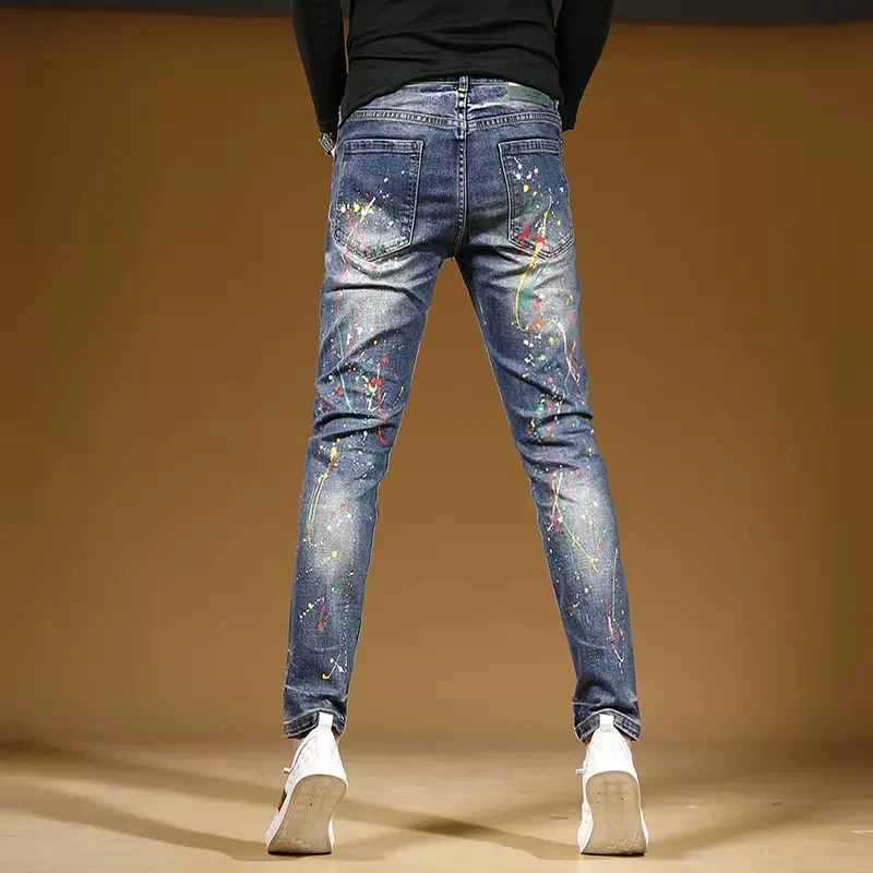 Autumn Graffiti Printed Blue Jeans Men Streetwear Casual Slim Fit Pencil Pants Fashion Stretch Denim Trousers