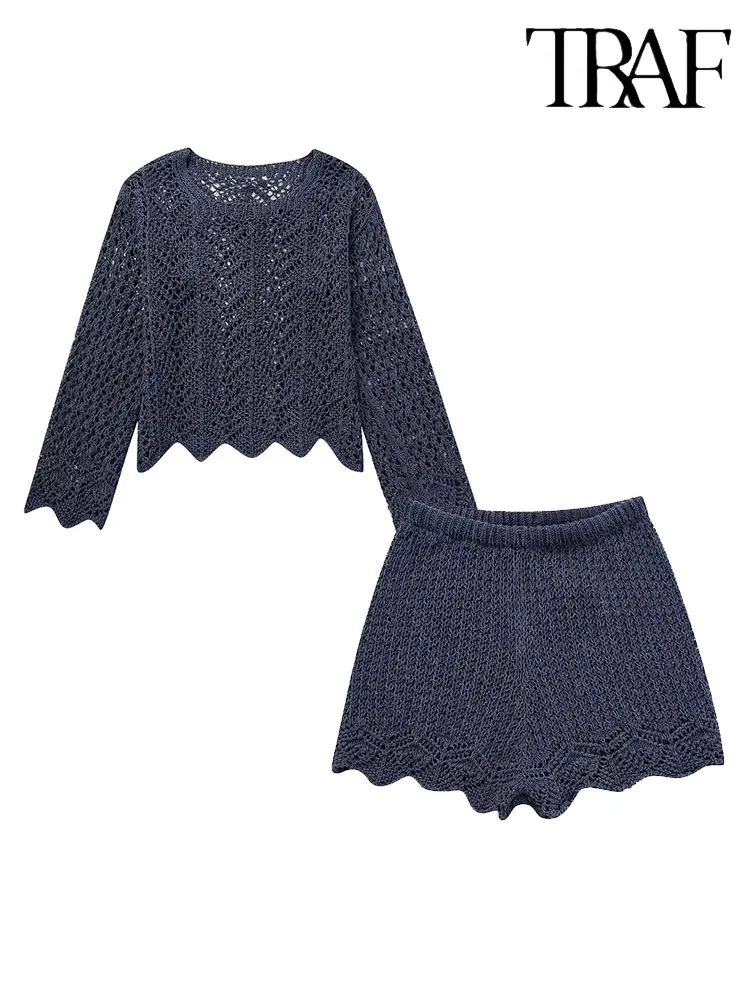 

Летний модный женский комплект TRAF с ажурным топом и шортами, новинка 2023, Женский однотонный шикарный топ с круглым вырезом и длинным рукавом и шорты с высокой талией