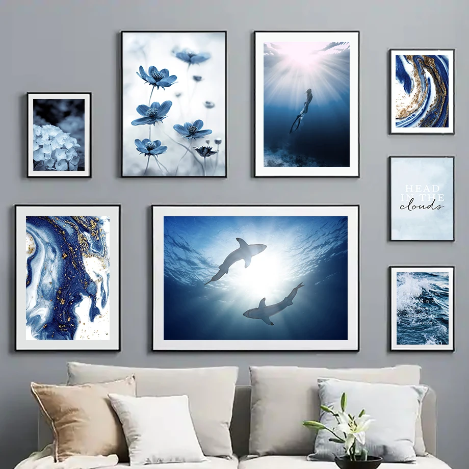 

DIY Oil Painting By Numbers Diving Girl Shark Blue Ink Flower Rock Handpainted Wall Living Room Home Kids Room Decoration Gifts