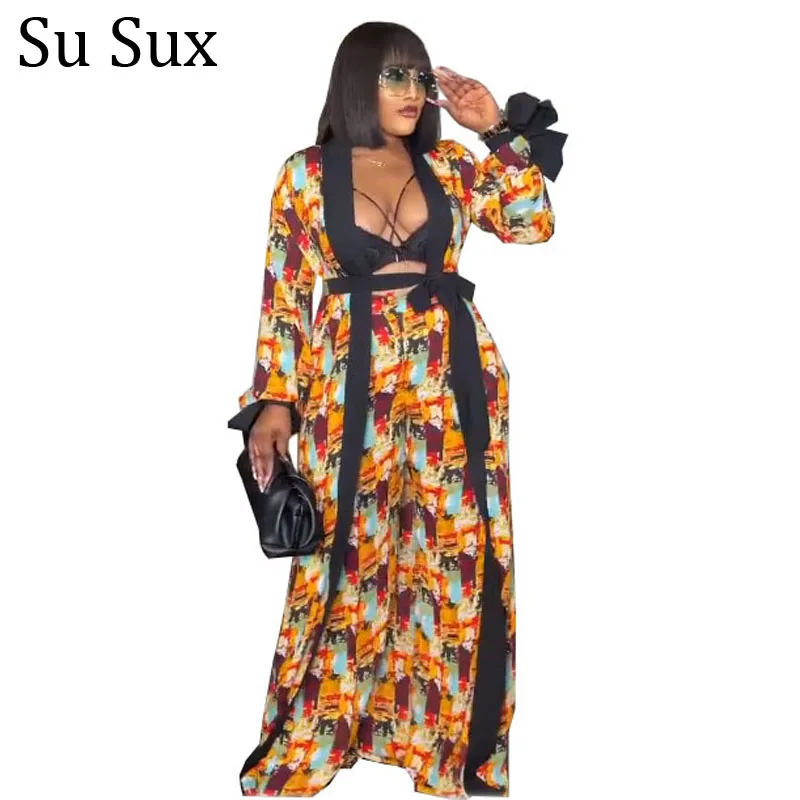 

African Clothes Dashiki Wide Leg Pant Suits African Dresses For Women Print Cloak Robe 2 Piece Set Outfits Vestidos Plus Size