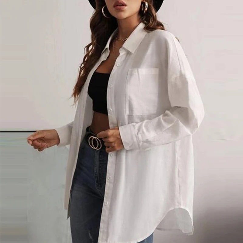 

2023 Elegant Bohemian Style Long Shirt Autumn Loose Women Long Sleeve Simple Office Blouse Ladies Pockets Lapel White Tops 28613