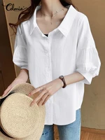 celmia pleated cotton linen shirts 2022 summer women tops 34 lantern sleeve elegant shirt all match casual lapel collar blouse