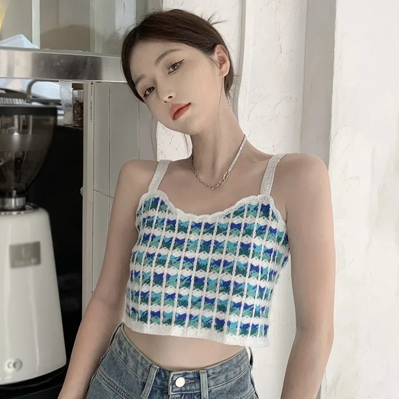 

Women's Camisole Plaid V Neck Sweet Casual Sleeveless Tank Top Knitted