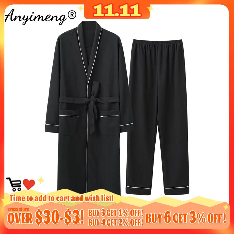

L-4XL Luxury Bathrobe for Man Autumn Winter Knitted Waffle Long Sleeve Shawl Collar Men Robes Elegant Mens Kimono V-neck Robe