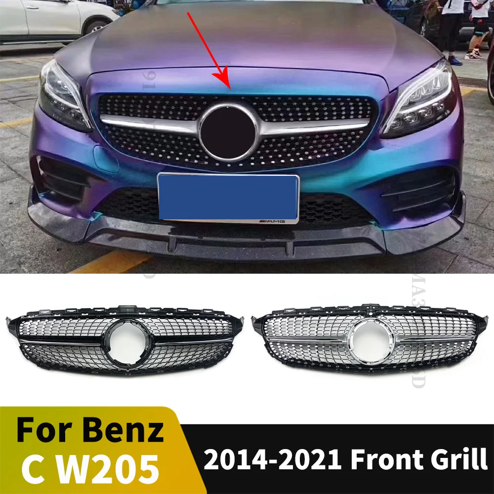 Front Bumper Grill Grille For Mercedes W205 Benz C S205 C205 2014-2021 C180 C300 C250 C200 C260 Modified Diamond Style Body Kit