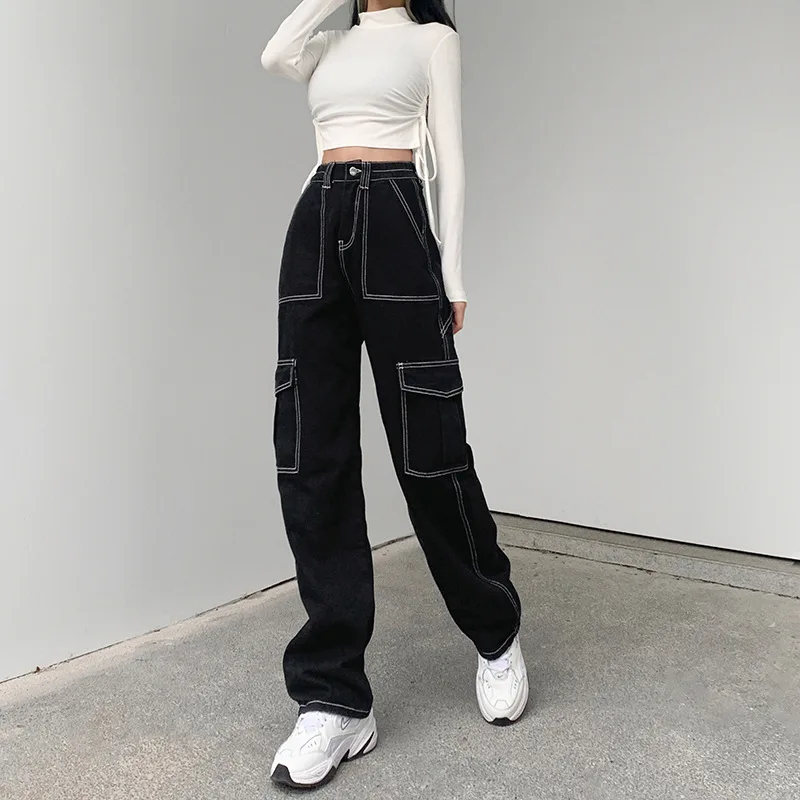 High Street Thin Bright Line Design Sense Handsome Jeans Women High Waist Loose Street Style Wide Leg Workwear Trousers Fashion