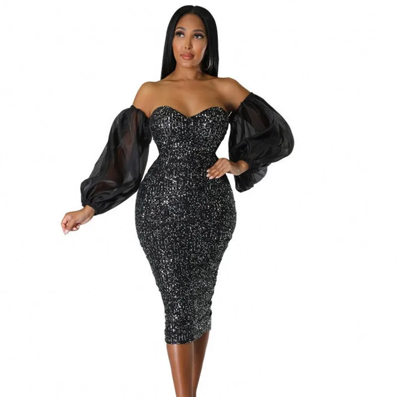 

Sexy African Dresses For Women Dashiki Strapless Sequined Stretch Skinny Pencil Dress Solid Color Ankara Robes New Arrival 2023