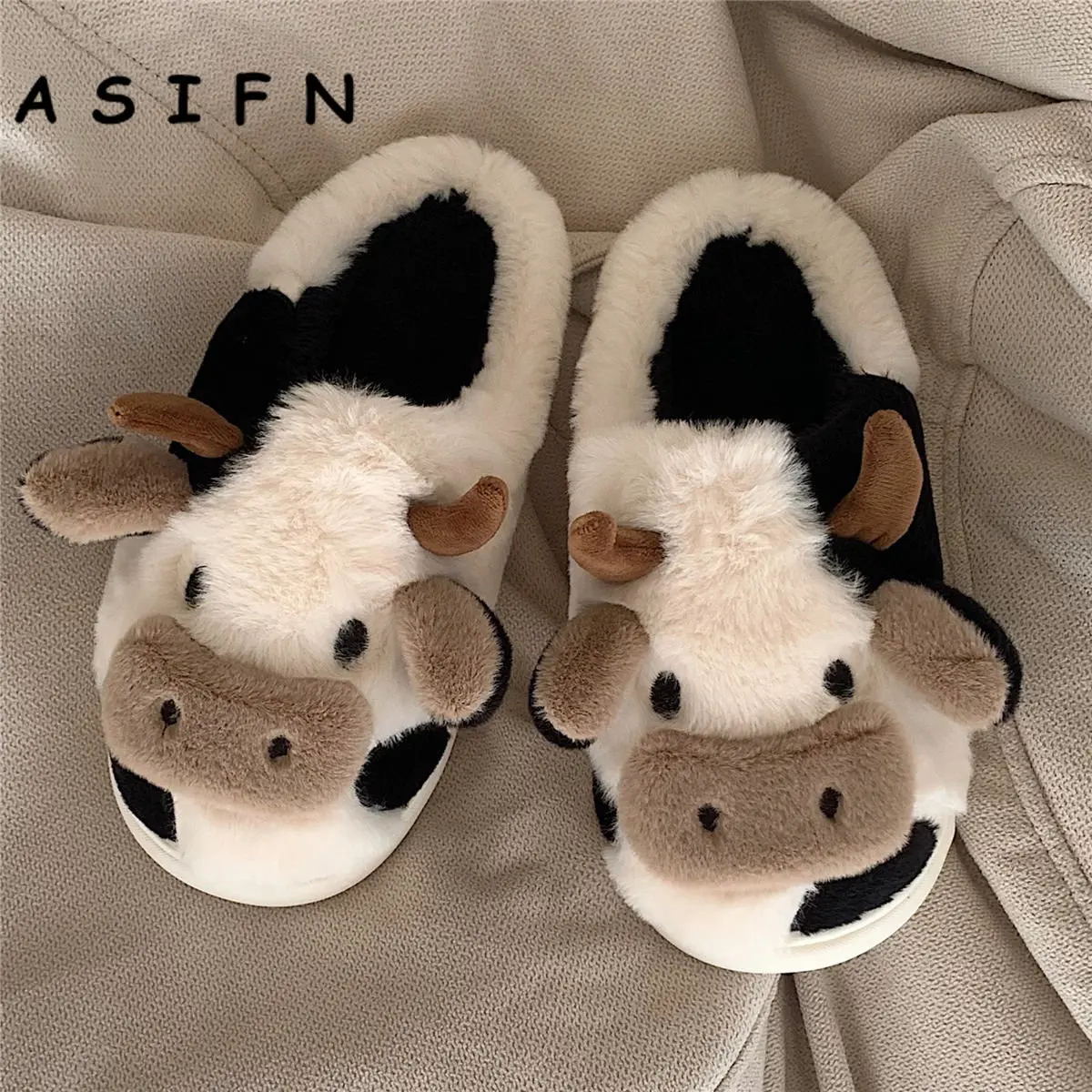 ASIFN Girls Milk Cow Cushion Slippers Women Home Slides Fluffy Winter Warm Cartoon House Cute Funny Shoes Zapatos De Mujer