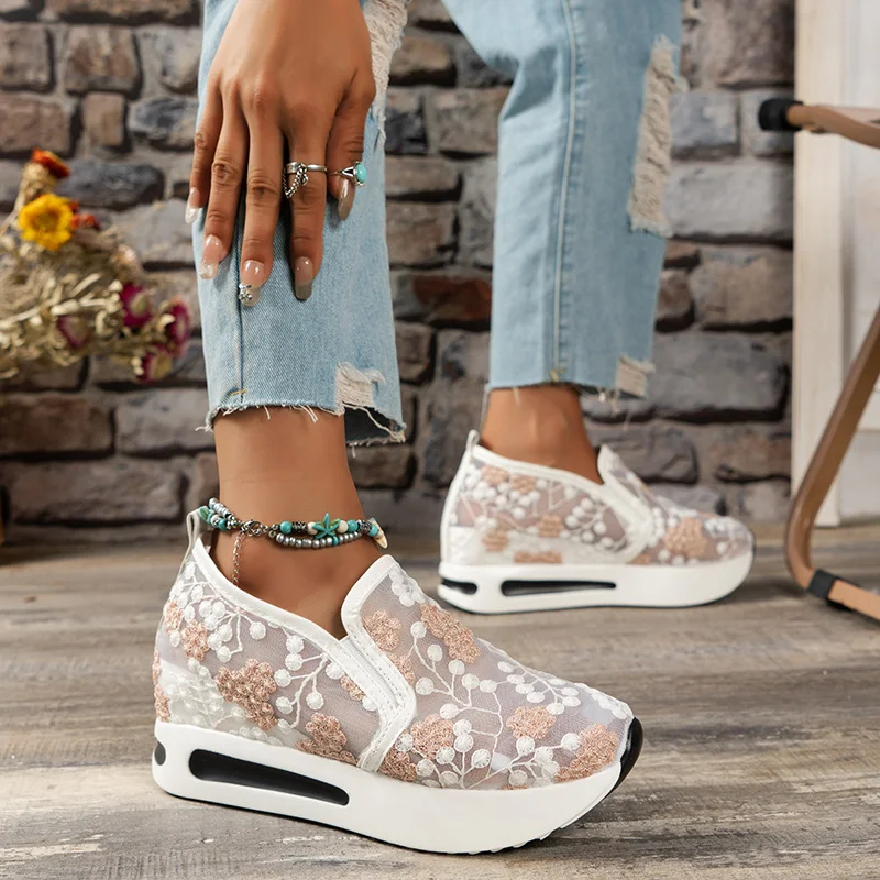 Women's Sneakers Floral Embroidery Mesh Sneakers for Women Slip on Casual Comfy Heeled Shoes Woman