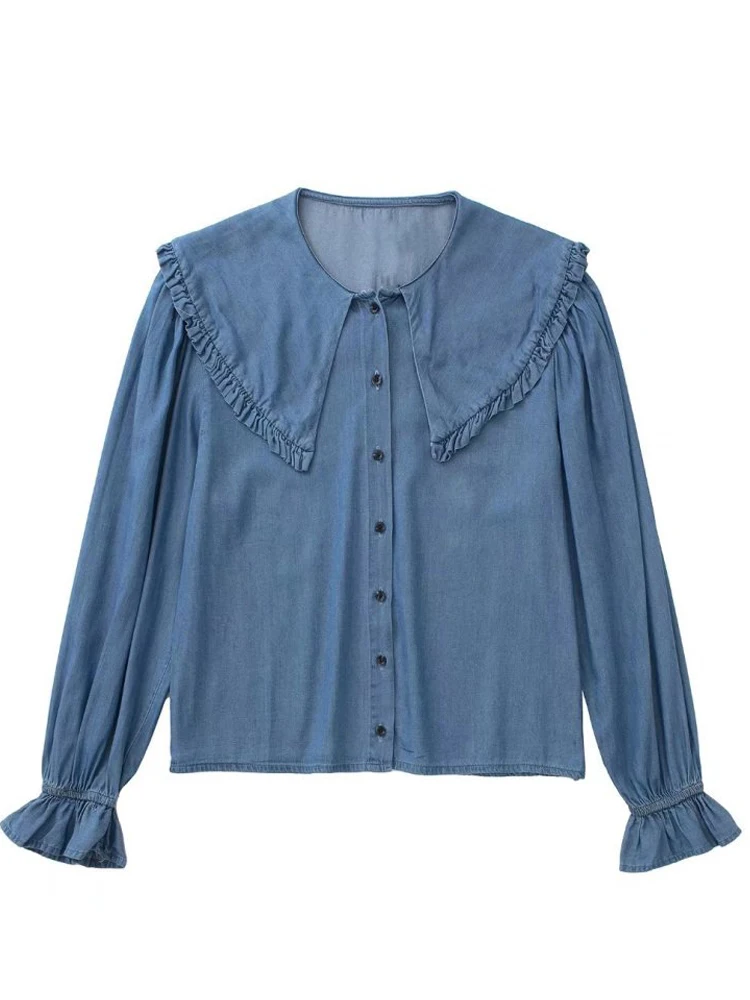 

Женская элегантная голубая блузка, новинка весны 2022, однобортная офисная блузка с расклешенным рукавом, женские топы с воротником «Питер Пэ...