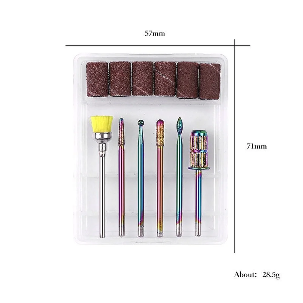Набор насадок для маникюра с карбидными битами в ящике с диамантами радужного цвета, 5 в 1, для ногтей.