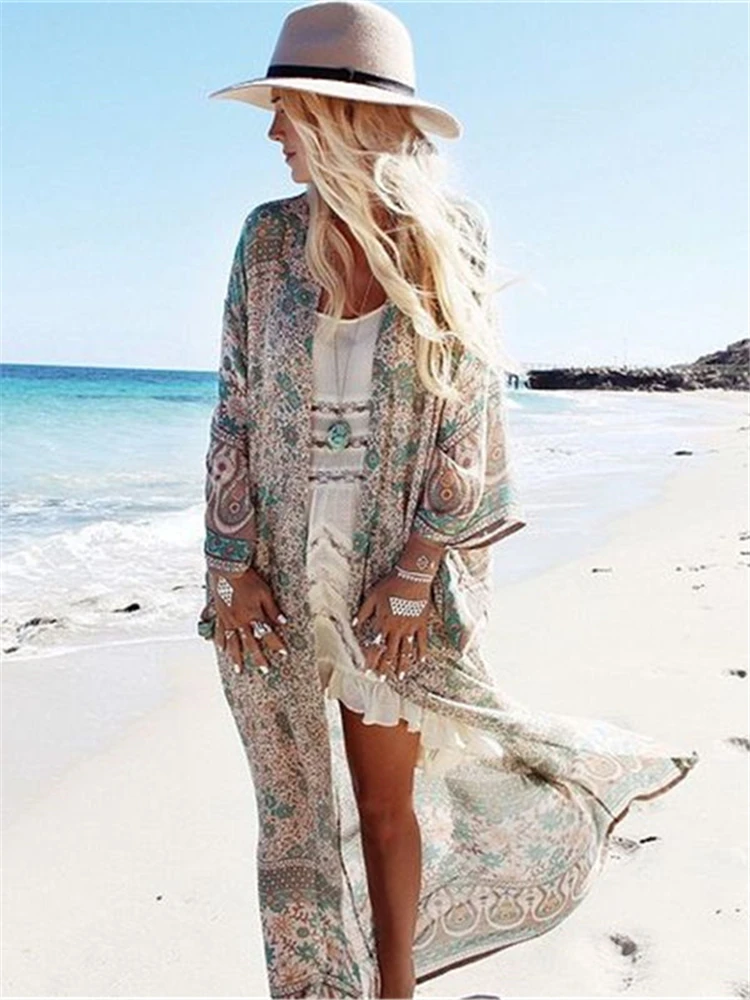

Bohemian Printed Ankle Length Beach Cover Up Summer Women Summer Beachwear Chiffon Bathing Suit Coverup Kimono Cardigan N23