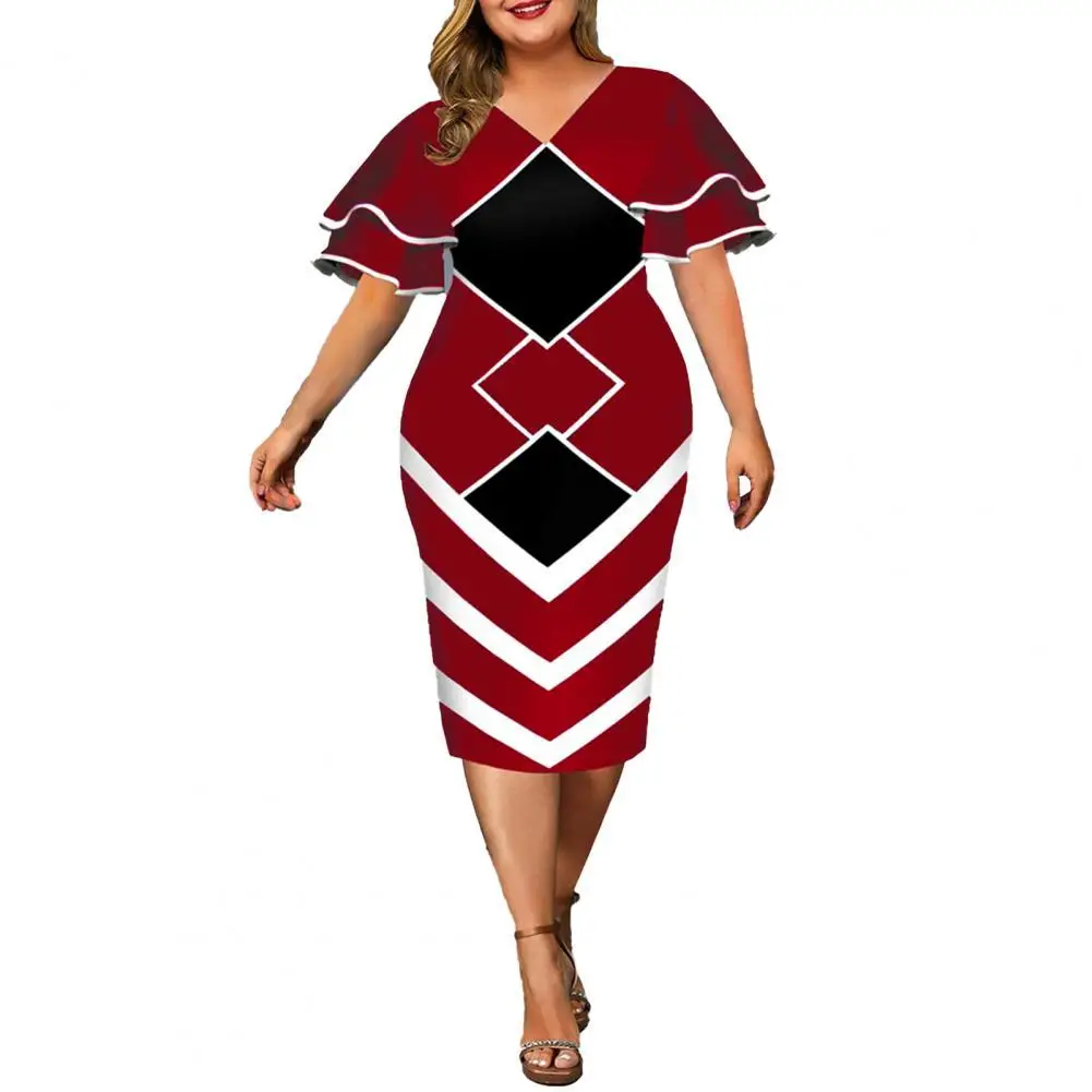 

Geometric Print Positioning Geometric Print Mid-calf Dress Autumn Dress Elegant V Neck Formal Mid-calf Dress for Wedding