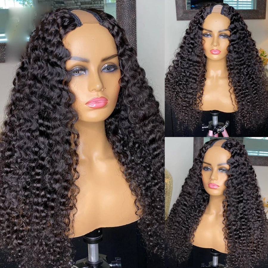 Long 24 inch Ombre Natural Black Kinky Curly U Part Wig European Remy Human Hair Wig Glueless Natural  Jewish Soft Wig For Women