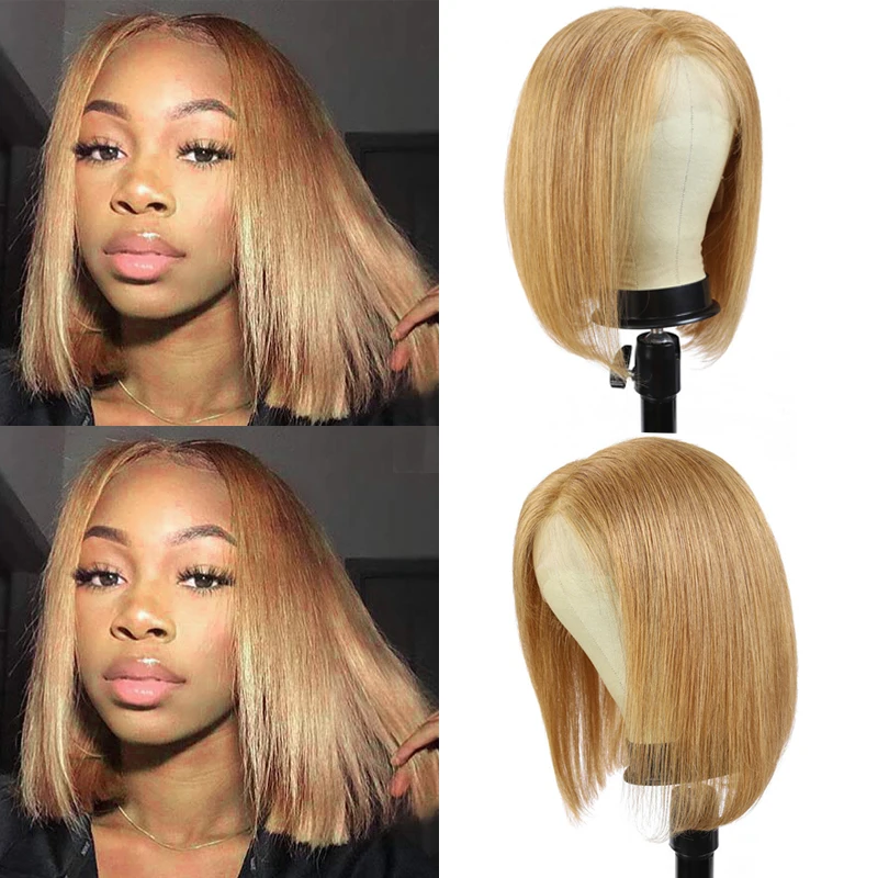 13x4 Short Bob Wigs Straight Honey Blonde Colored Lace Wigs Brazilian Remy Lace Front Human Hair Wig Pre Plucked Bob Wig 150%