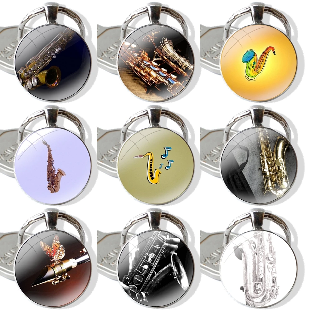 

Pendant Car Key Chains Handmade Glass Cabochon Keychain Saxophone Music