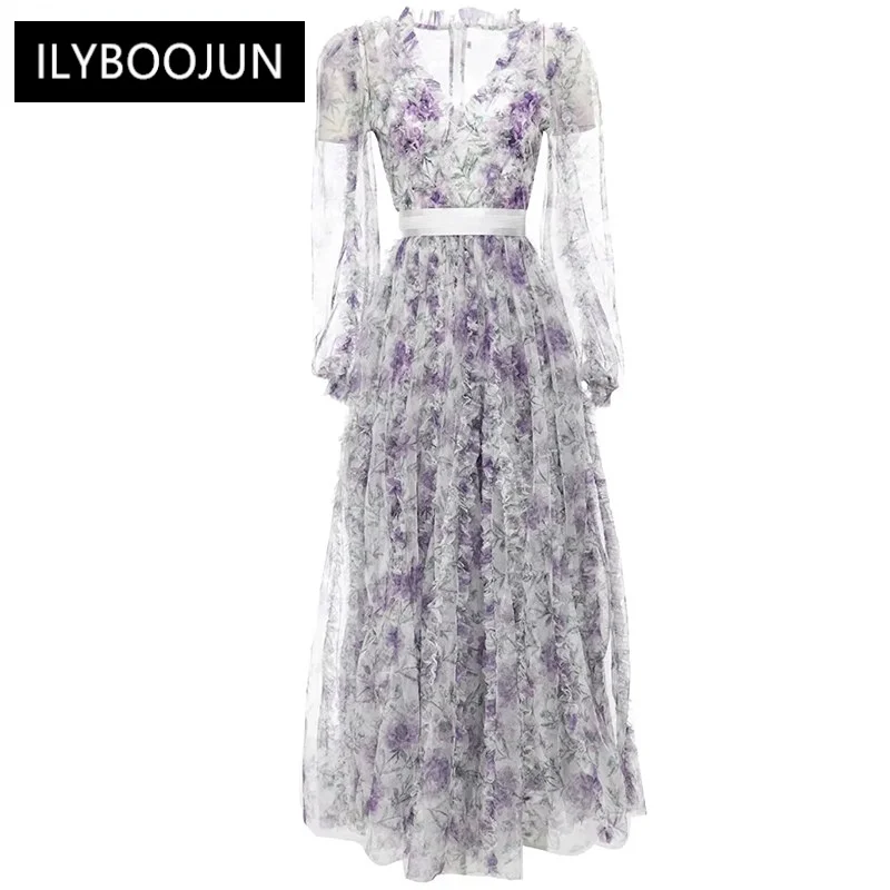 

Женское Сетчатое платье с длинным рукавом, Элегантное Длинное Сетчатое платье с цветочным принтом, весна-лето 2023