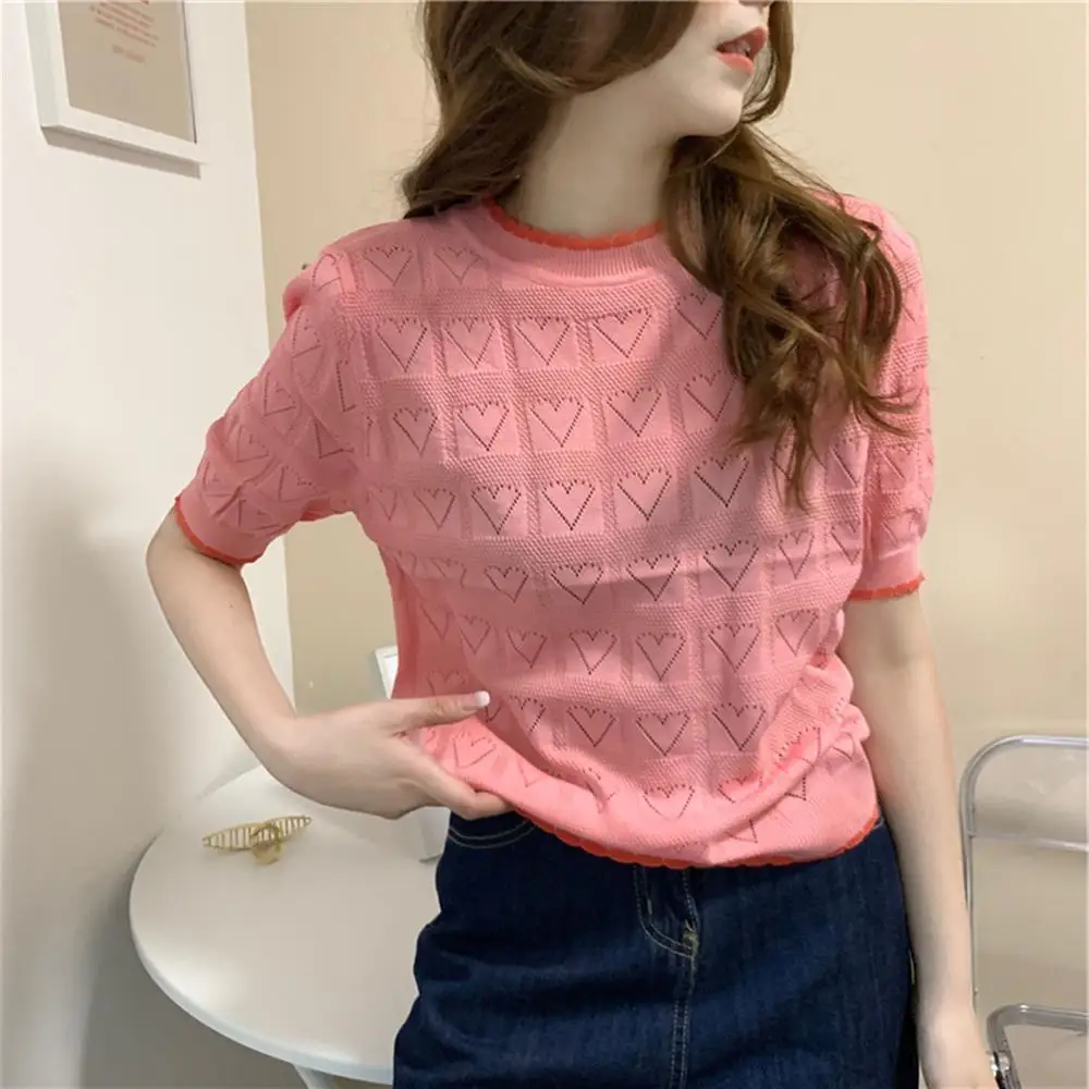 

Summer New Small Shirt Hollow Love Sweater Loose Short Sleeve Shirt Women
