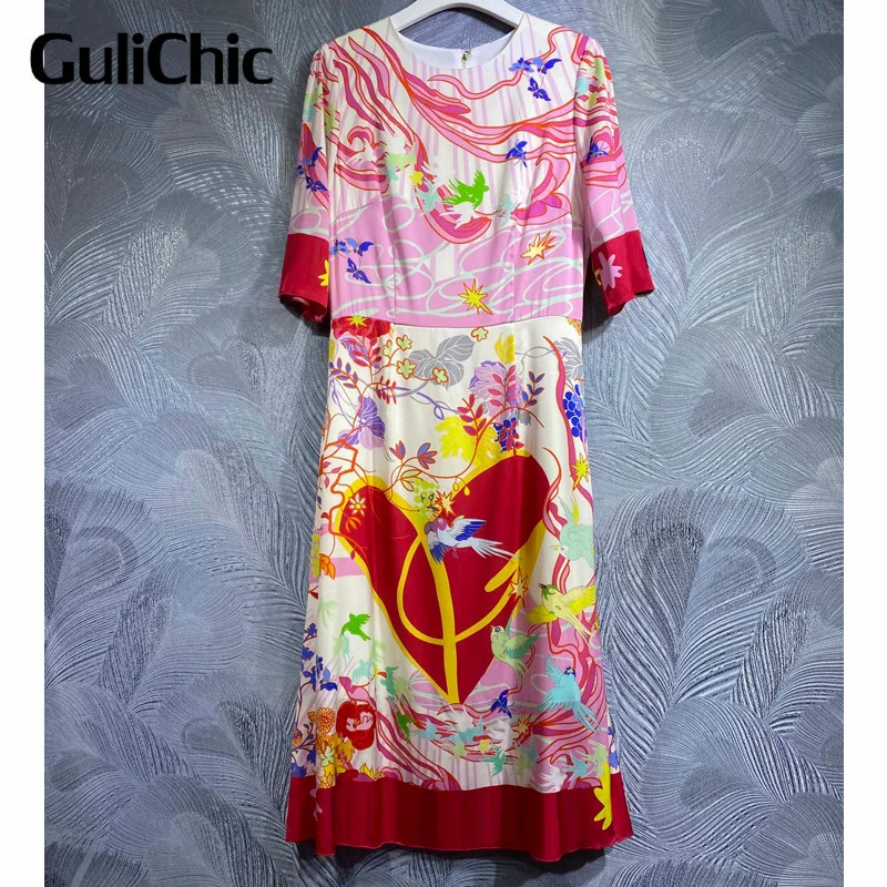 

Женское модельное шелковое платье GuliChic 9,2, модельное платье с круглым вырезом и коротким рукавом, платья с разрезом и разноцветным принтом