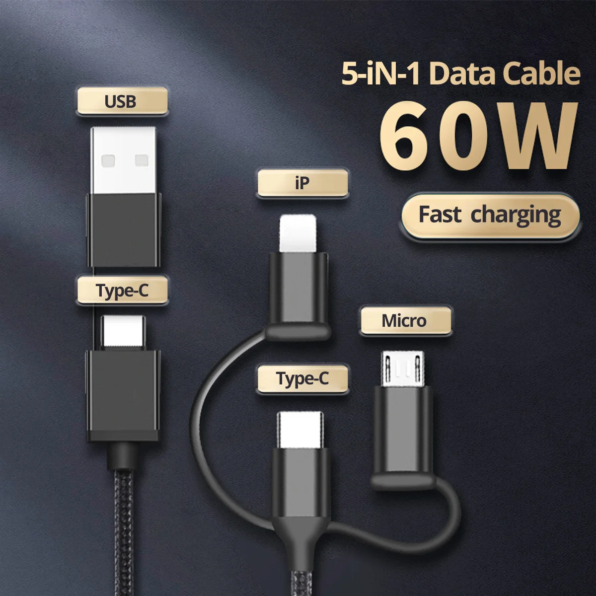 

PD60W 5 In 1 Type C Micro USB Cable for Iphone Samsung Fast Charge Cable Micro USB Data Wire for Iphone 5in1 Cell Phone Cord 1m
