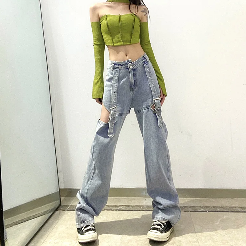 Fall 2023 New Women's Solid Color High Waist Loose Casual Hole Hollow Casual Denim Wide Leg Pants Fashionable Streetwear