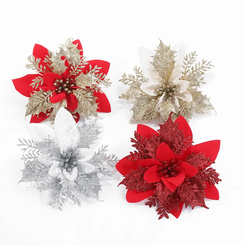 

5/10Pcs 14cm Glitter Artificial Christmas Flowers Xmas Tree Ornaments Merry Christmas Decorations for Home New Year Gift Navidad