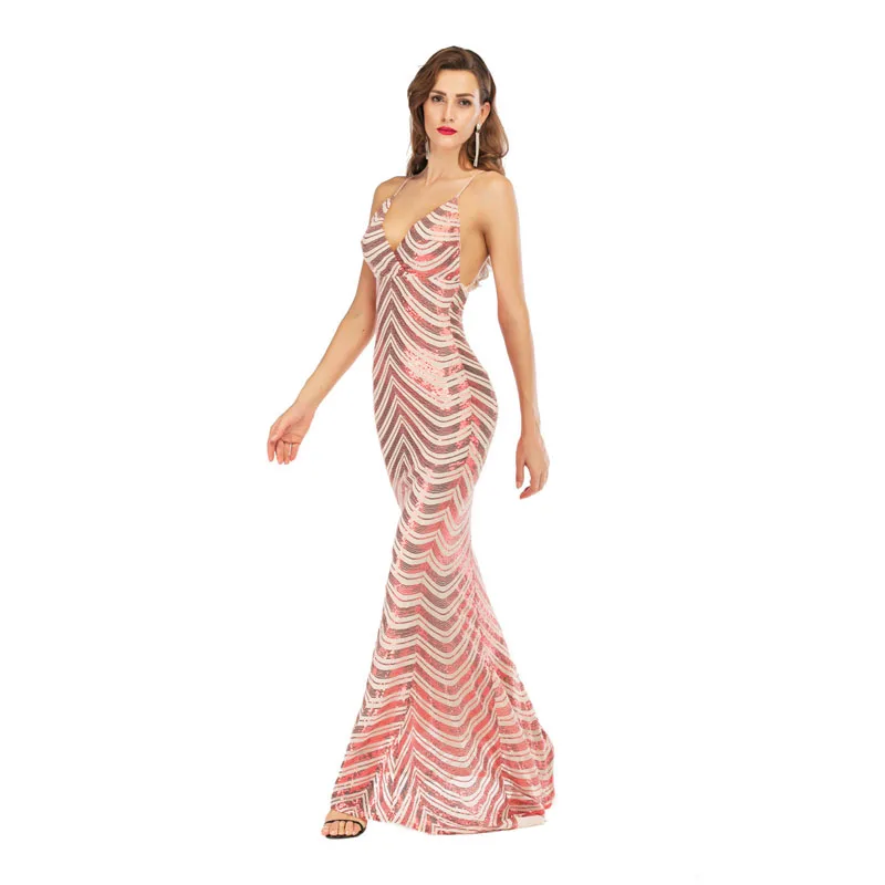 

Женское длинное вечернее платье-русалка, элегантное Привлекательное платье на бретелях-спагетти с глубоким V-образным вырезом и блестками, ...