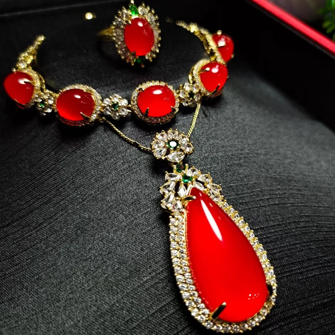 

Natural Red Jade Water Drop Pendant Necklace With Zircon Emerald Carnelian Flowers Bracelet And Rings Women Jades Jewellery Sets