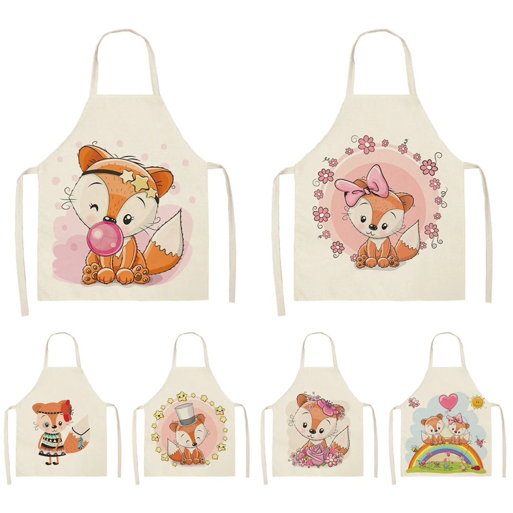 

Льняной Фартук с принтом лисы для женщин и мужчин, домашние инструменты для уборки с мультяшными животными, домашний фартук для готовки