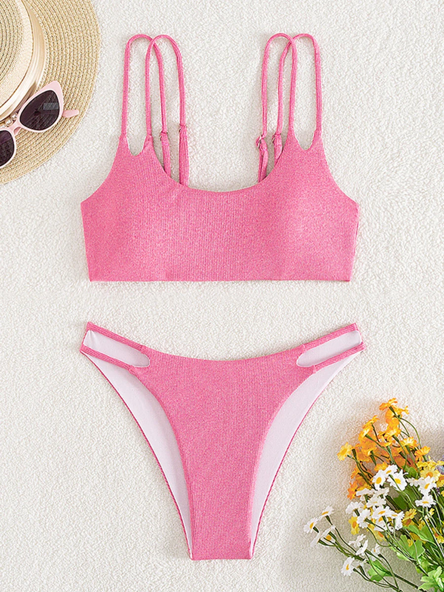 2025 комплект бикини на бретелях однотонный мягкий купальник женский сексуальный