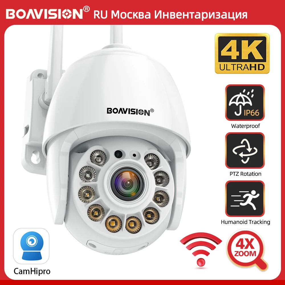 Фото Уличная домашняя камера видеонаблюдения BOAVISION WiFi с 4-кратным цифровым зумом, Smart Mini PTZ, 4K 8MP 5MP HD 1080P, AI-трекинг, видеонаблюдение для улицы №1