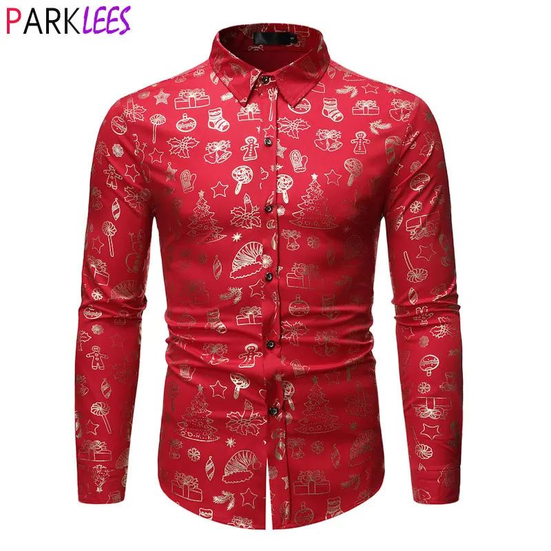 

Red Xmas Party Shirt Men 2022 Fashion Christmas Gift Gold Print Mens Dress Shirts Casual Navidad Prom Stage Top Blouse Chemise