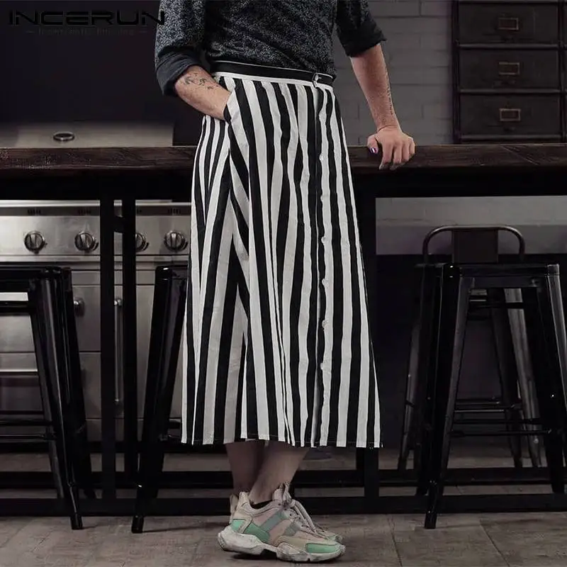 

Юбка INCERUN Мужская в полоску, однобортная свободная уличная одежда, повседневная индивидуальная модная юбка для отдыха, 5XL, 2022