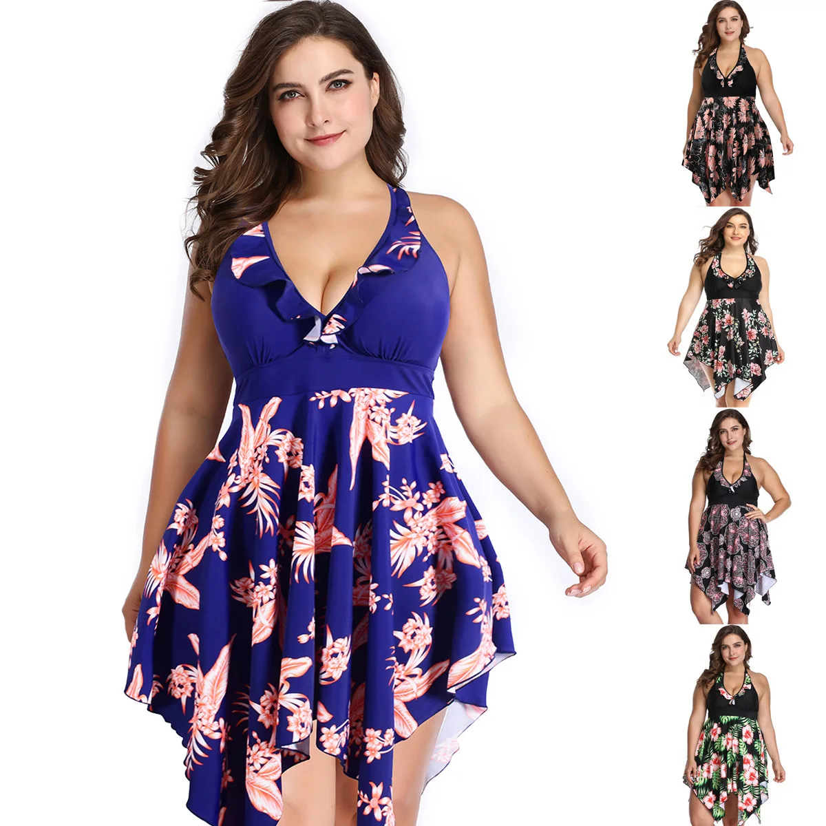 

Plus Plus Size Swimsuit European And American Belly Covering Solid Color Lace Printing Split Skirt Swimsuit Cross Border Spot