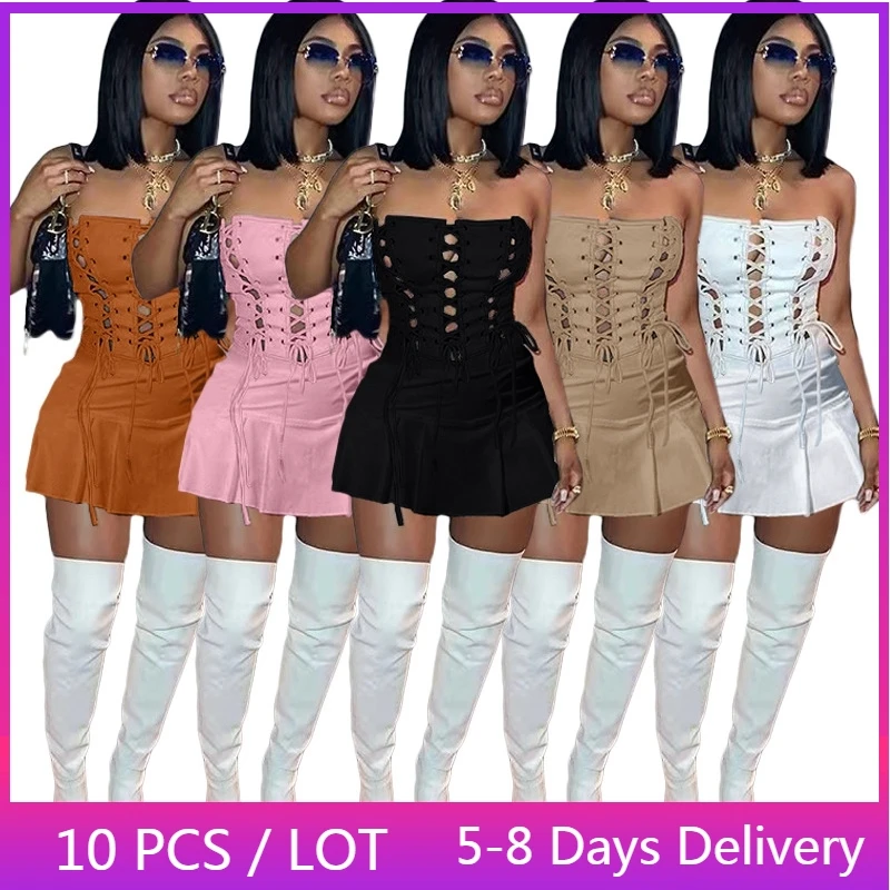 

Wholesale Items Lace Up Strapless Bodycon Dress Women Clubwear Summer Bandage Pleated Mini Dress Backless Hollow Out Club Dress