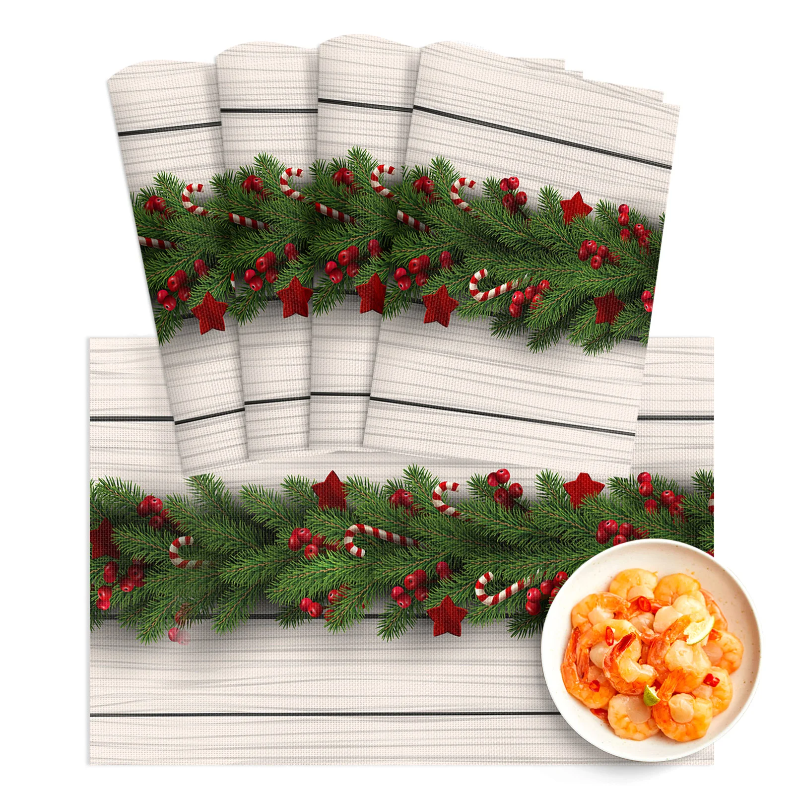 

4/6Pcs PVC Placemats Christmas Pine Needle Candy Vintage Wood Grain Dining Disc Pads Bowl Coasters Plate Bar Kitchen Table Mats