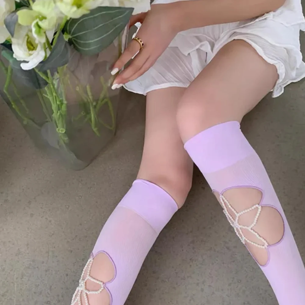 Нежные летние носки ручной работы Sweet Pearl: милые корейские носки-гармошка для улицы, свиданий и под юбку, шелковые чулки (art.: 3920dc1b9f651) - 3920dc1b9f651