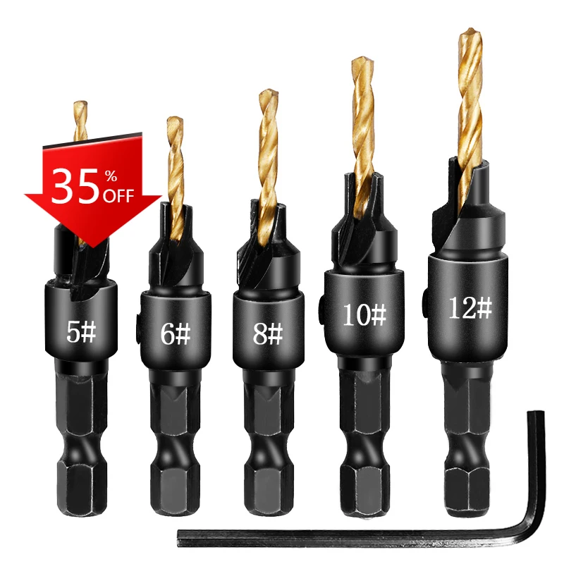

5pcs Countersunk Hex Shank Taper Drill Bits 5 6 8 10 12 Woodworking Drill Tools