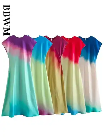 Tie Dye Dress Woman Print Long Dresses Vintage Short Sleeve O Neck Dress Women 2023 Summer Satin Midi Dresses Chic Female