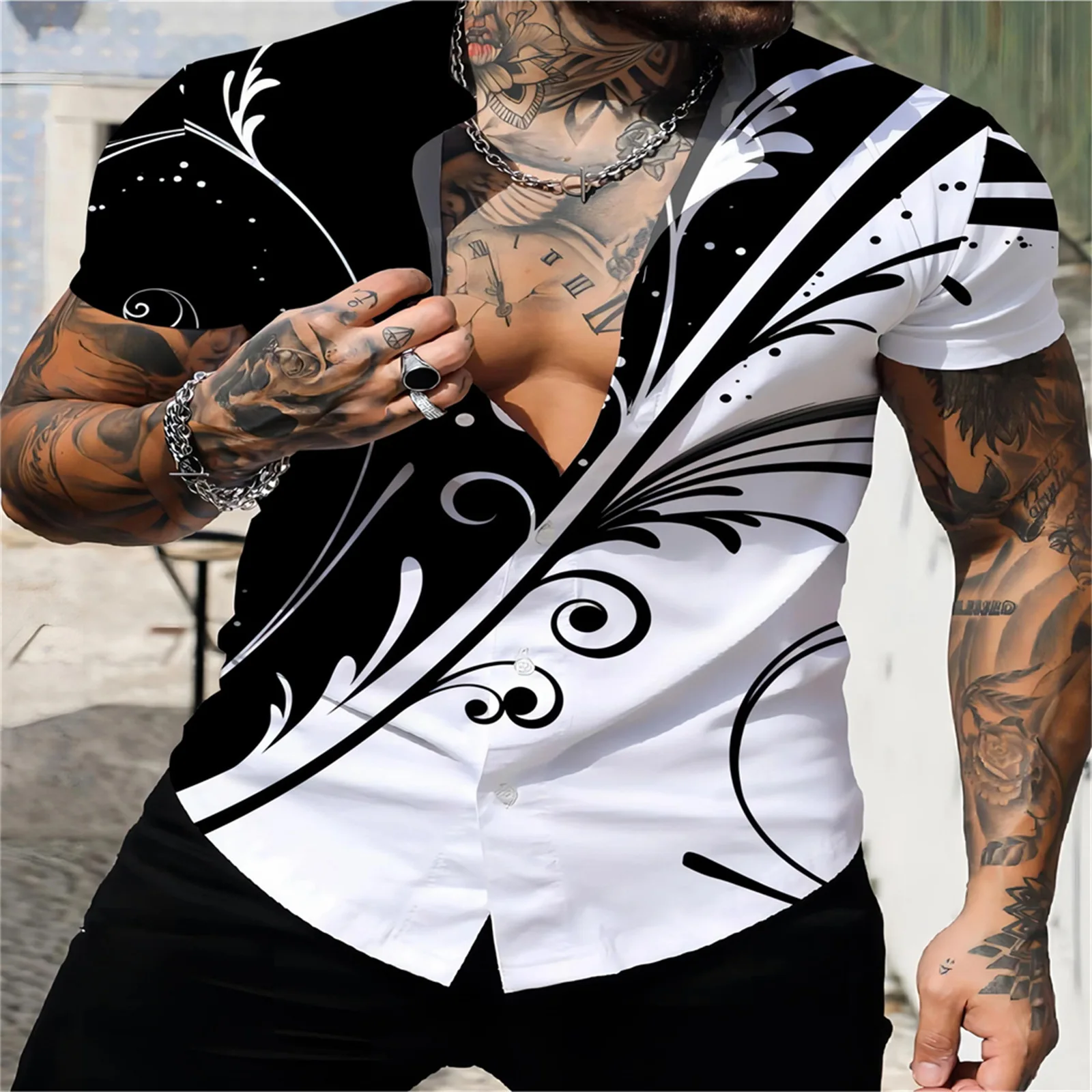 Мужская рубашка с короткими рукавами и цифровым принтом лацканами Гавайский