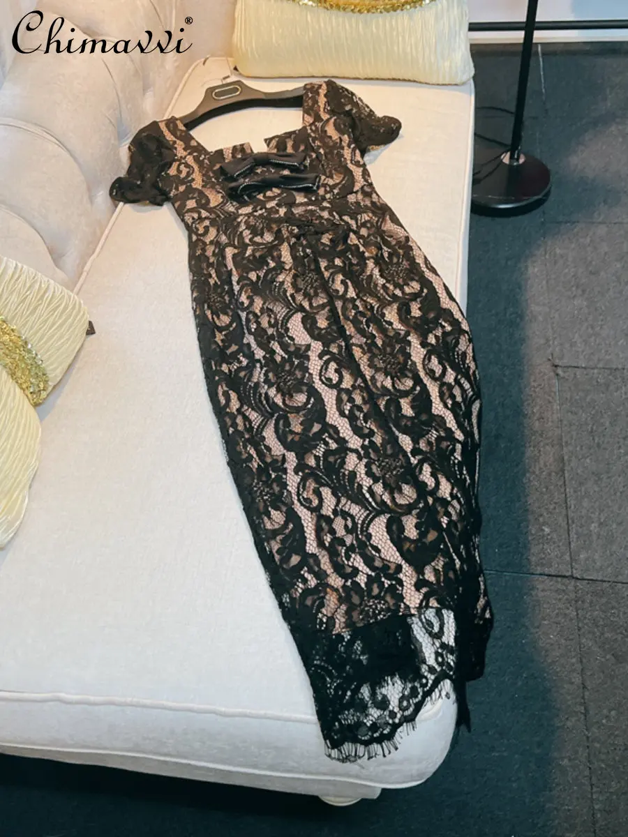 French Retro Hepburn Elegant Light Luxury Dress 2023 Summer Dresses New Fashion Bow Lace Socialite High-End Black Dress Lady