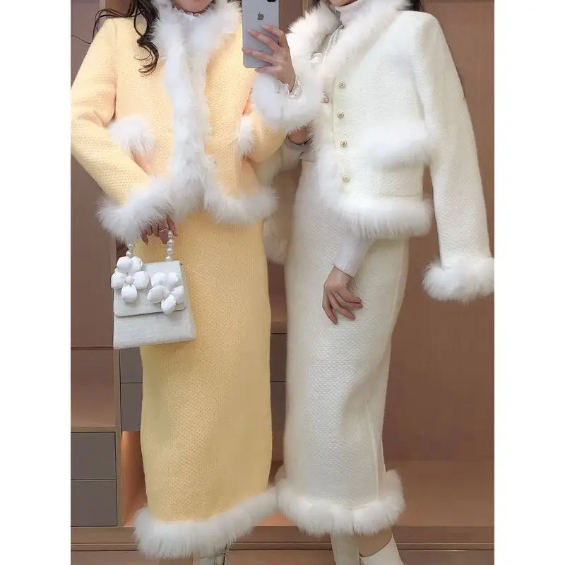 

UNXX Осень-Зима корейские модные женские костюмы меховые манжеты накидки мини-юбка комплект из двух частей женское платье повседневные Элегантные Твидовые костюмы