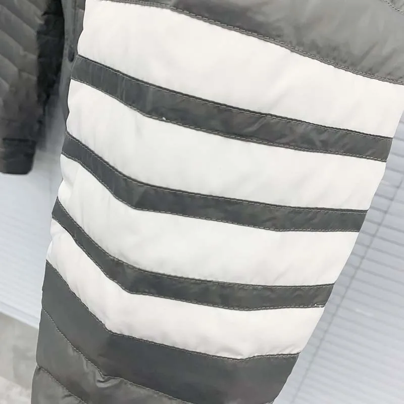 TB THOM Thin Down Jacket Classic White 4-Bar Striped Business Men Down Jacket Winter Slim Short Hooded Warm White Duck Down Coat