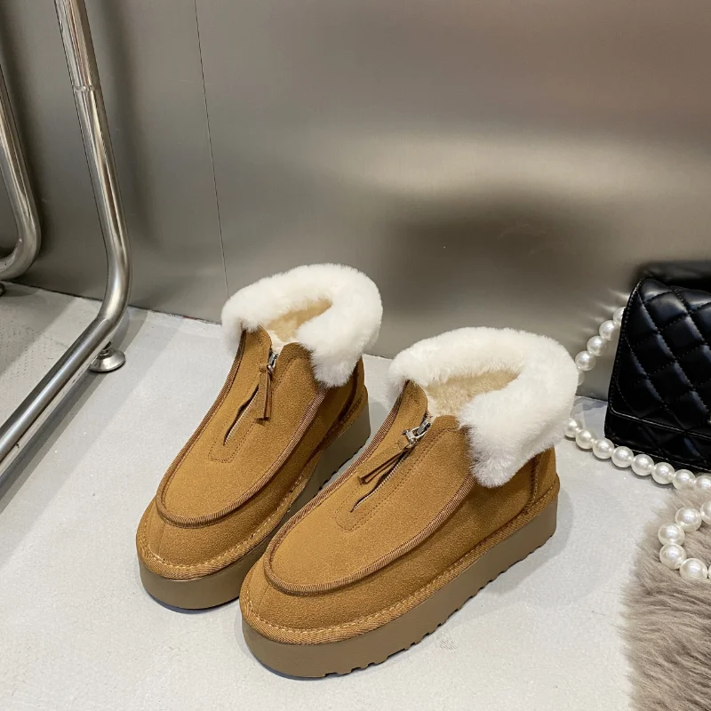 

Winter New Warm Cotton for Women's Flats Soft Non-slip Fluffy Shoes Platform Plush Thickened Boots Ankle Boots Women Solid Color